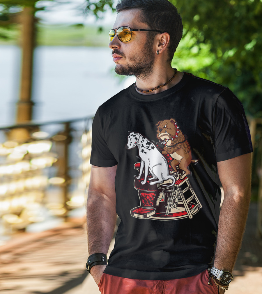 Dalmatian And Tattoo Artist Bulldog On Barber Chair T-Shirt
