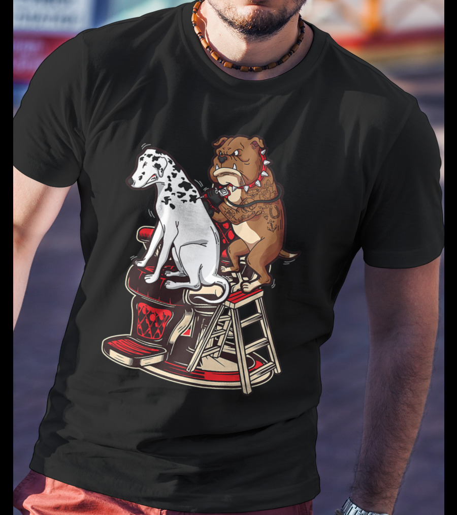 Dalmatian And Tattoo Artist Bulldog On Barber Chair T-Shirt