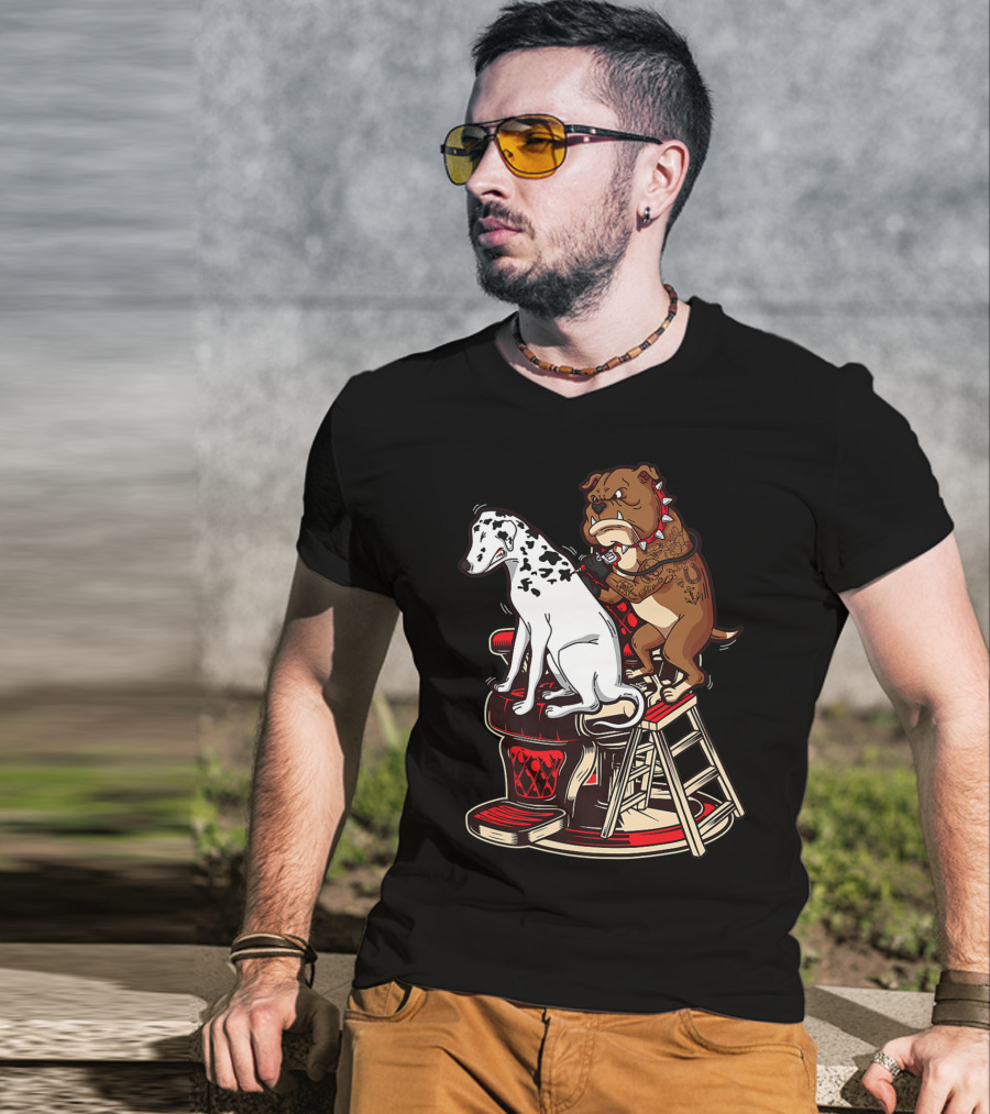 Dalmatian And Tattoo Artist Bulldog On Barber Chair T-Shirt