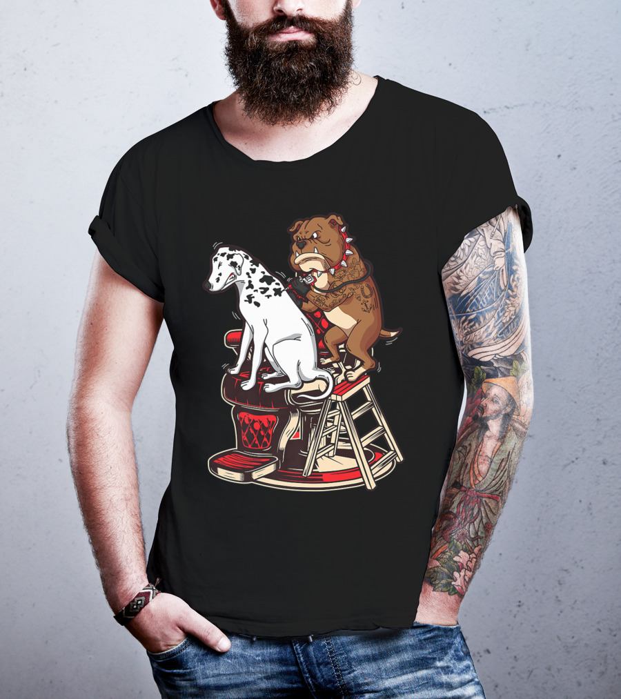 Dalmatian And Tattoo Artist Bulldog On Barber Chair T-Shirt