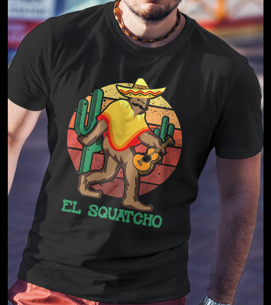 El Squatcho Mexican Sasquatch Bigfoot Cinco De Mayo Cactus Sunset Sombrero Guitar T-Shirt