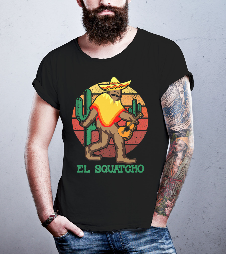 El Squatcho Mexican Sasquatch Bigfoot Cinco De Mayo Cactus Sunset Sombrero Guitar T-Shirt
