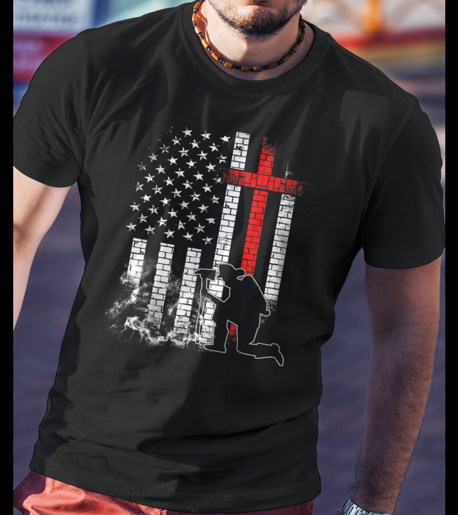 Fireman Kneeling With Axe Over American Flag And Thin Red Line Cross T-Shirt