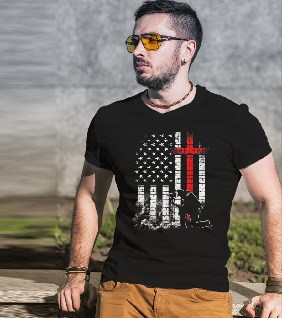 Fireman Kneeling With Axe Over American Flag And Thin Red Line Cross T-Shirt