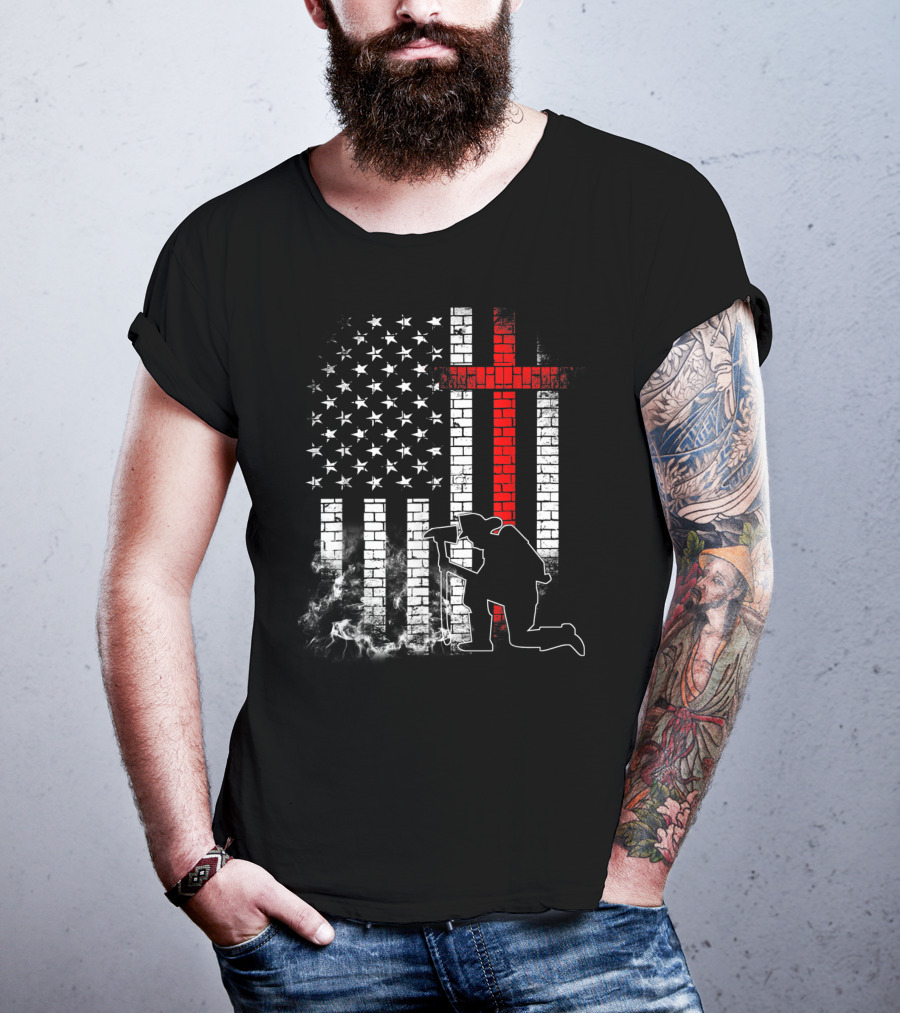 Fireman Kneeling With Axe Over American Flag And Thin Red Line Cross T-Shirt