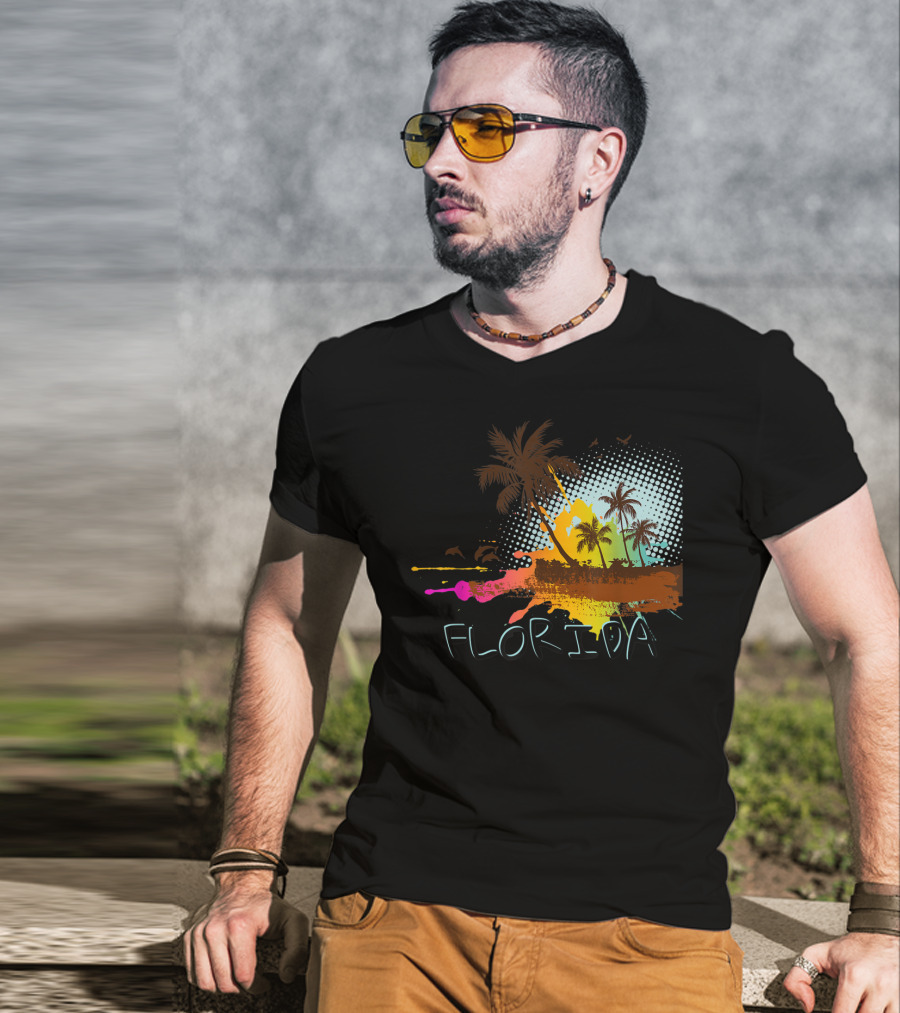 Florida Beach Vacation With Colorful Palm Tree Splash Art Ocean Lovers T-Shirt
