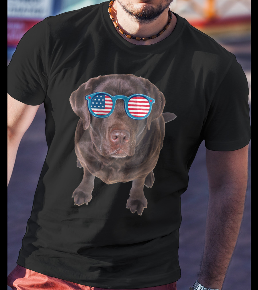 Funny Chocolate Lab Wearing American Flag Sunglasses T-Shirt