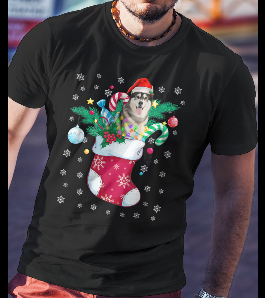 Christmas Siberian Husky With Santa Hat In Festive Sock T-Shirt