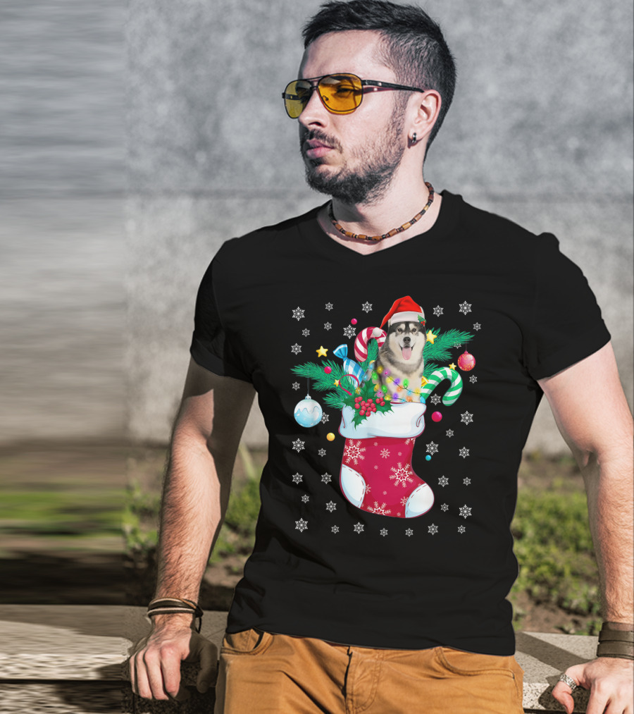 Christmas Siberian Husky With Santa Hat In Festive Sock T-Shirt