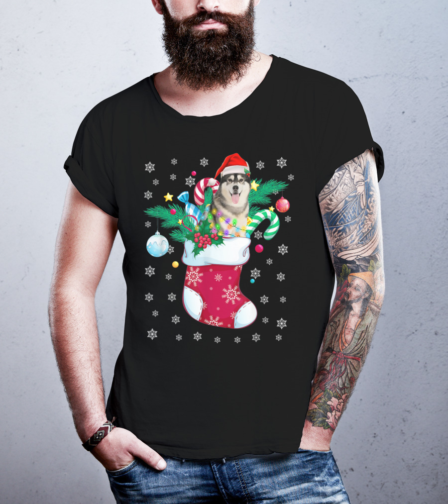 Christmas Siberian Husky With Santa Hat In Festive Sock T-Shirt