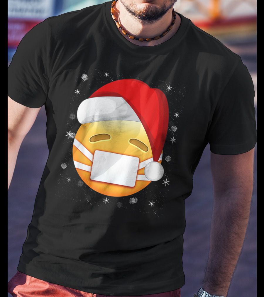 Funny Face With Medical Mask Emojis Santa Hat Snowflakes T-Shirt