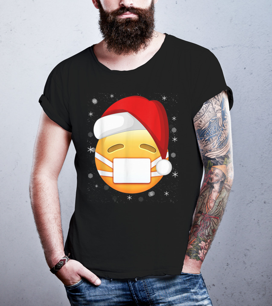 Funny Face With Medical Mask Emojis Santa Hat Snowflakes T-Shirt