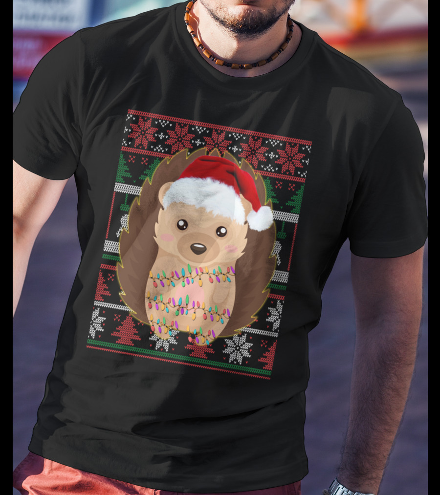 Funny Christmas Hedgehog Ugly Sweater Lights T-Shirt