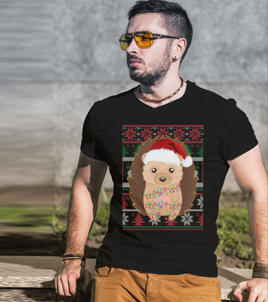 Funny Christmas Hedgehog Ugly Sweater Lights T-Shirt