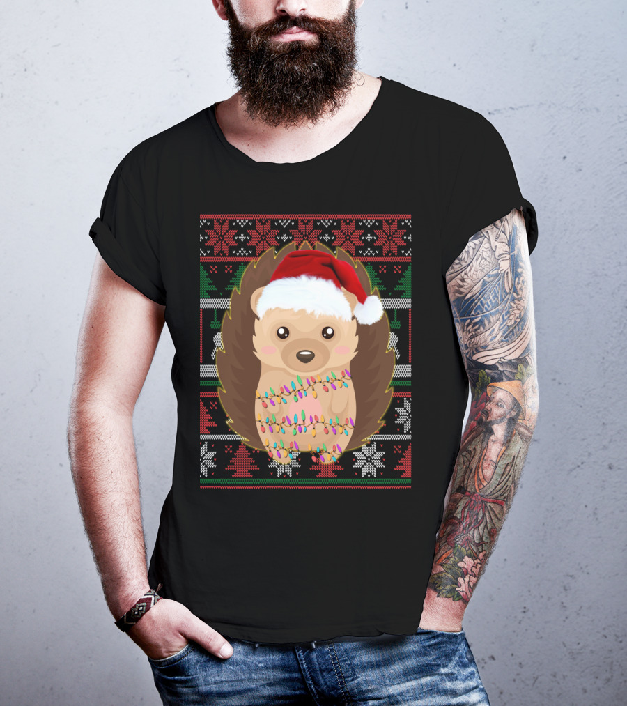 Funny Christmas Hedgehog Ugly Sweater Lights T-Shirt