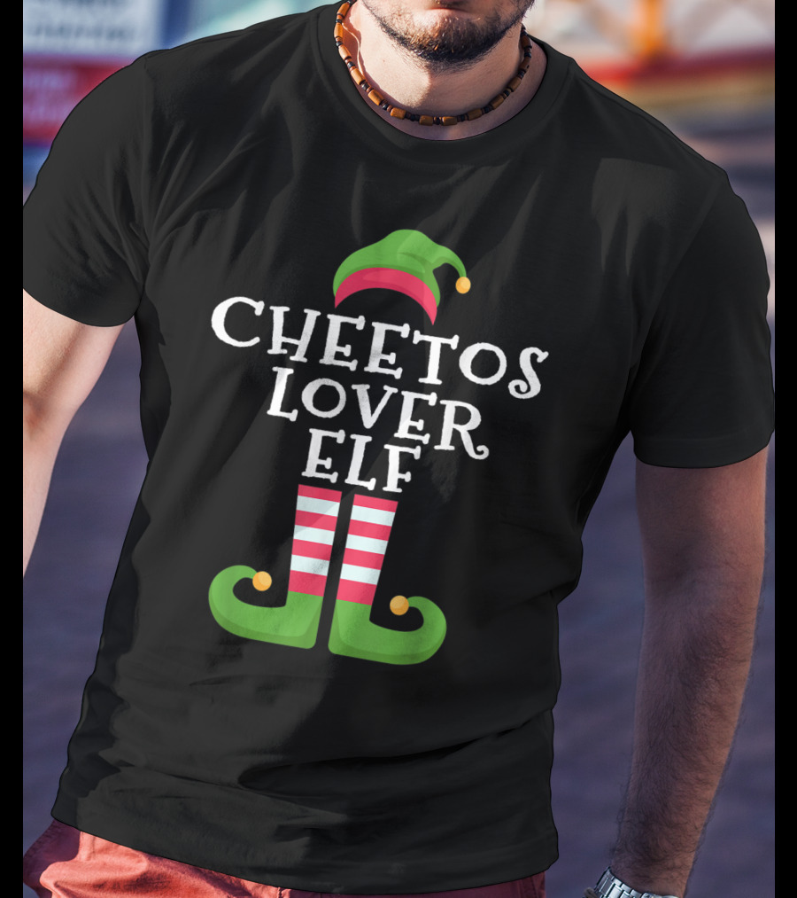 Funny Cheetos Lover Elf With Striped Elf Hat And Shoes T-Shirt