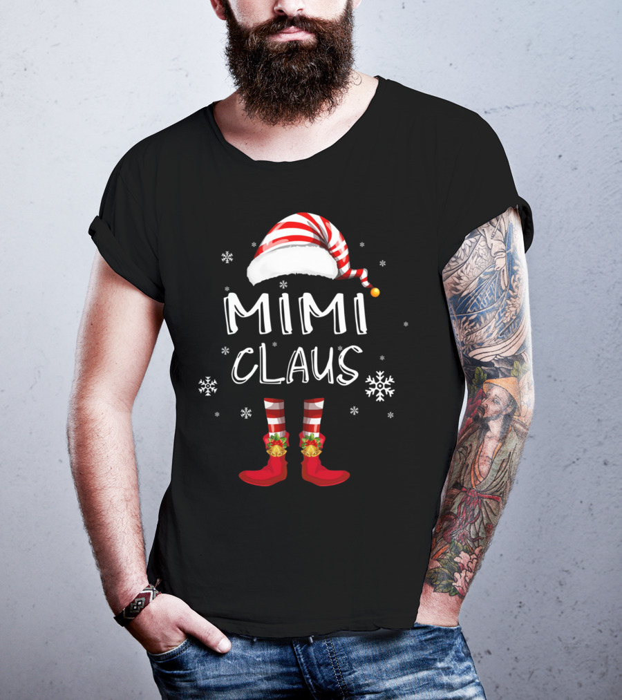 Mimi Claus Santa Hat Elf Boots Snowflakes Grandma T-Shirt