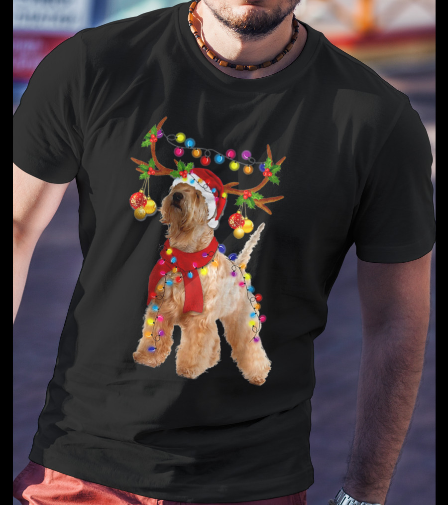 Wheaten Terrier Santa Reindeer With Festive Christmas Lights T-Shirt
