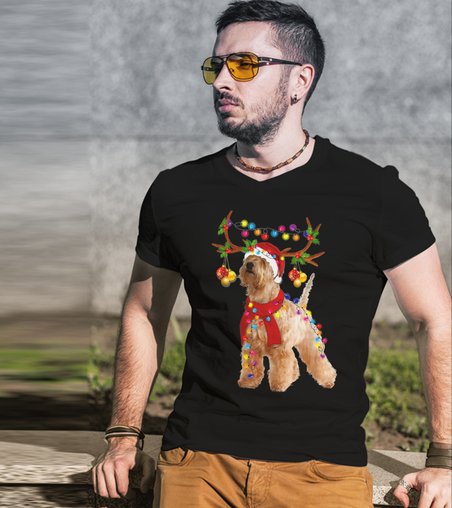 Wheaten Terrier Santa Reindeer With Festive Christmas Lights T-Shirt