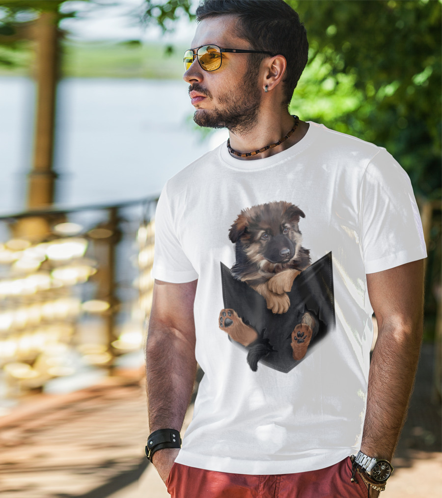 German Shepherd Puppy In Black Pocket T-Shirt