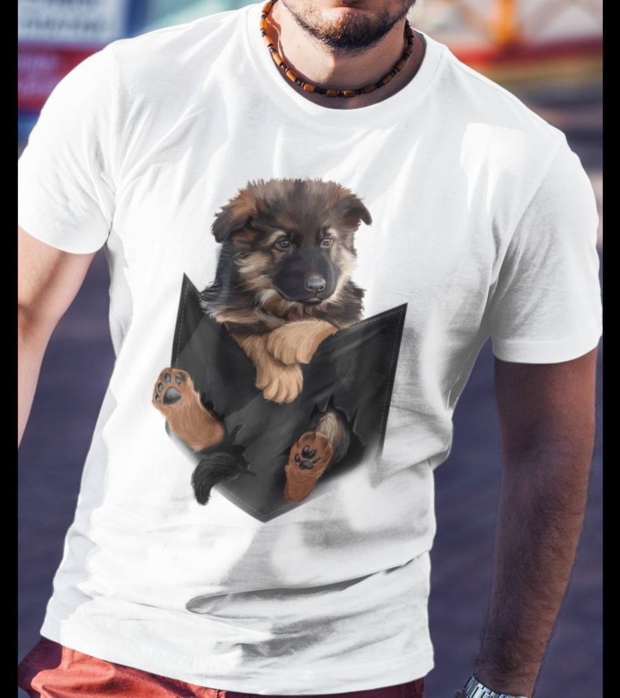 German Shepherd Puppy In Black Pocket T-Shirt