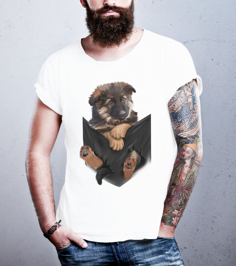 German Shepherd Puppy In Black Pocket T-Shirt