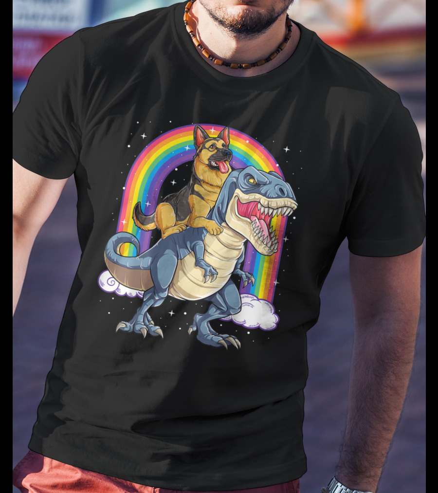 German Shepherd Riding Dinosaur Rex With Rainbow And Stars T-Shirt