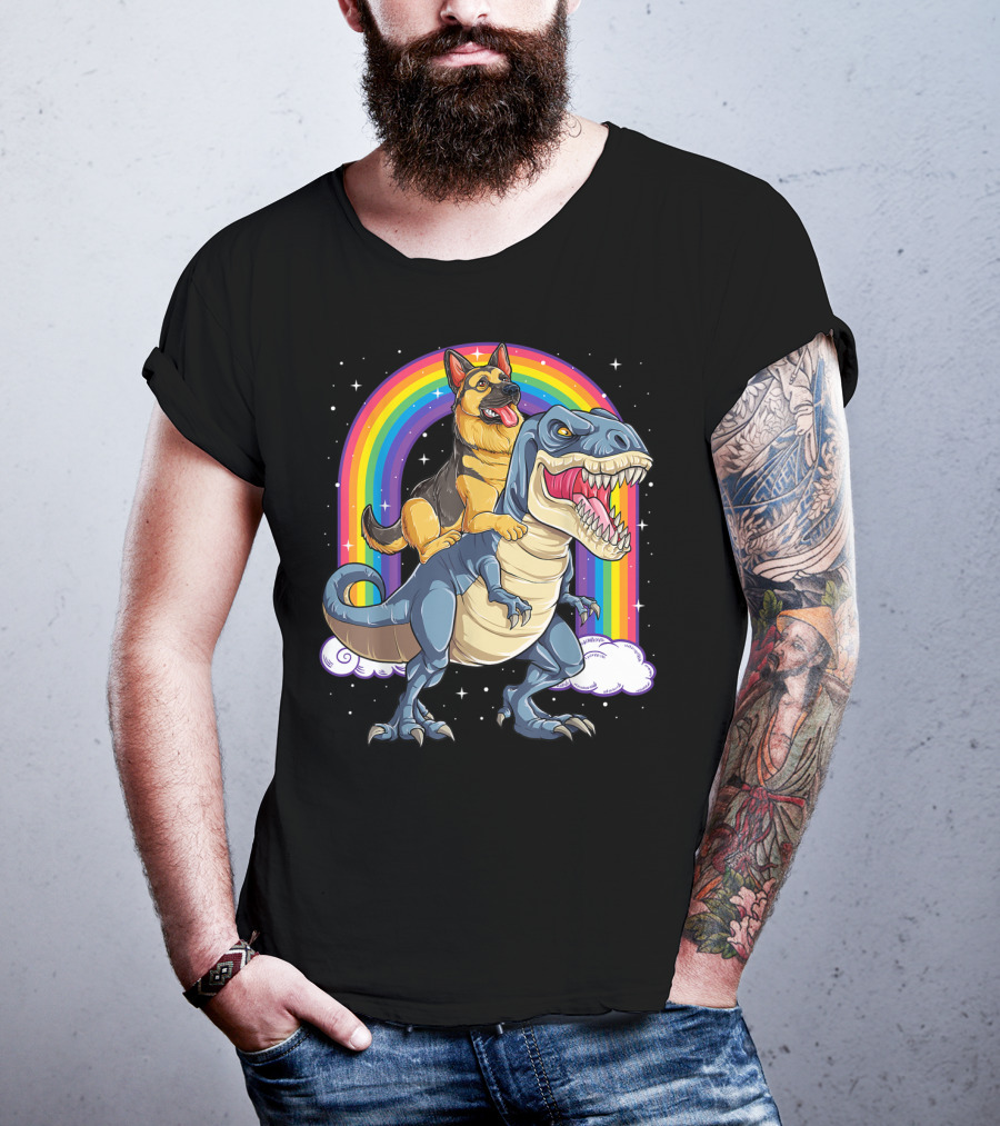 German Shepherd Riding Dinosaur Rex With Rainbow And Stars T-Shirt