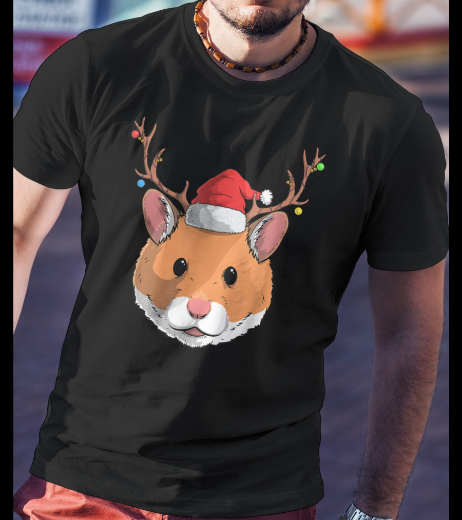 Hamster With Santa Claus Hat And Reindeer Antlers Christmas Holiday T-Shirt
