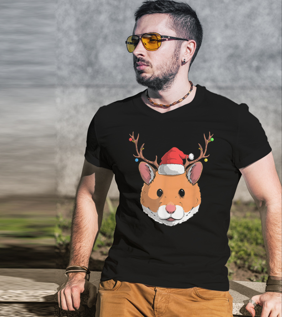 Hamster With Santa Claus Hat And Reindeer Antlers Christmas Holiday T-Shirt
