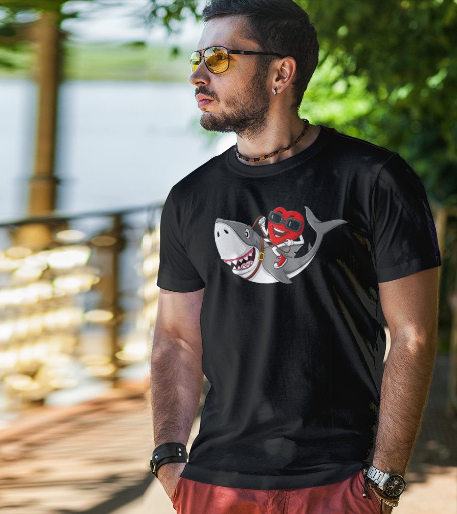 Heart Riding Shark Valentine's Day Adventure T-Shirt