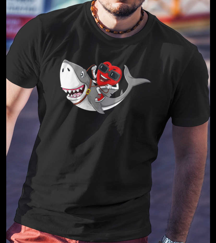 Heart Riding Shark Valentine's Day Adventure T-Shirt