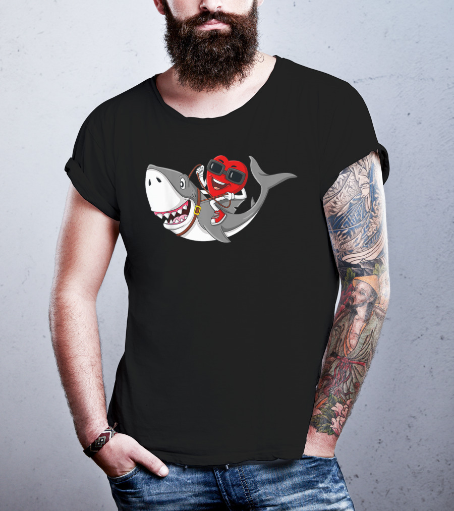 Heart Riding Shark Valentine's Day Adventure T-Shirt