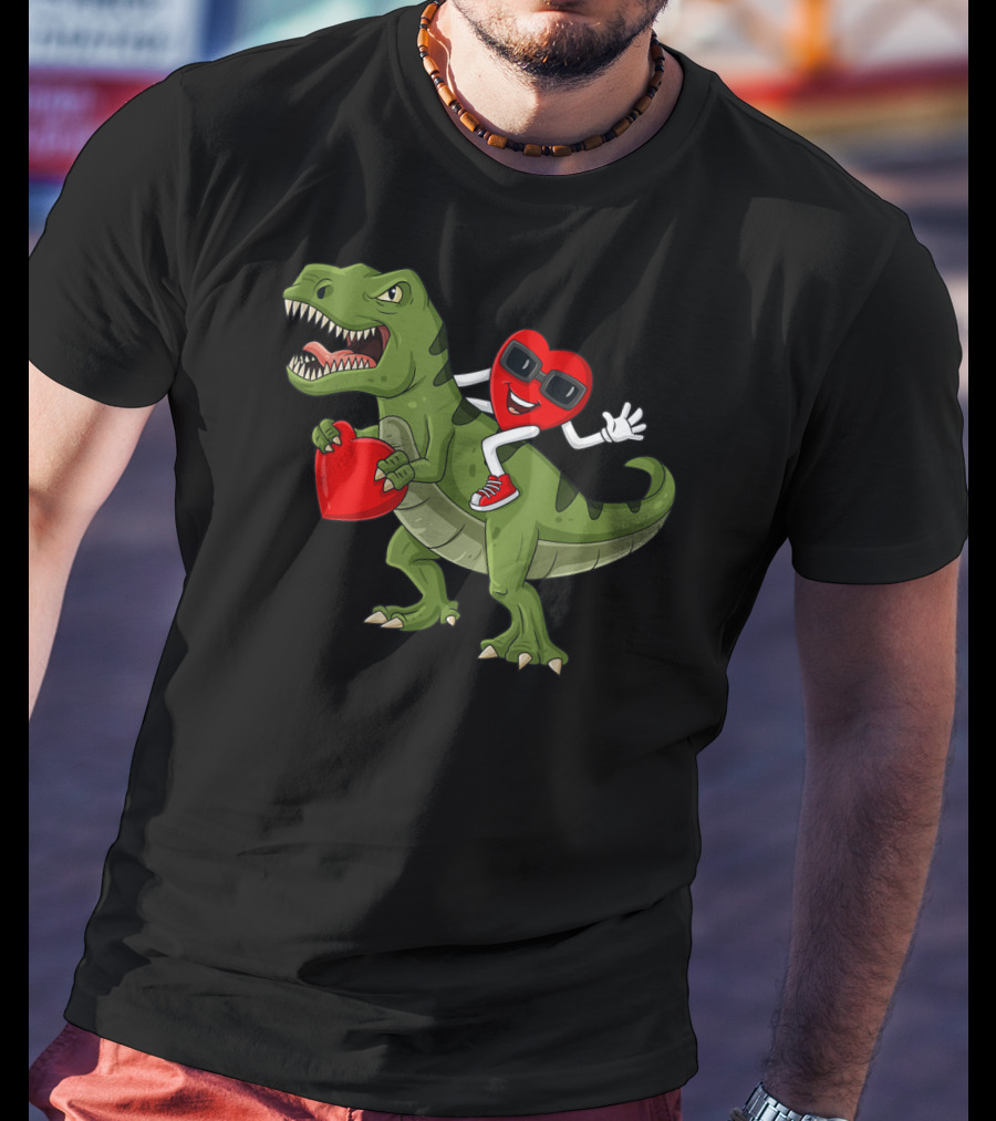 Heart Riding T-Rex Holding Valentines Day Hearts T-Shirt