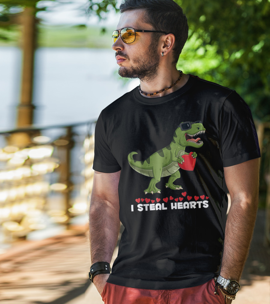 I Steal Hearts Dinosaur With Sunglasses Holding Red Heart Valentines Day T-Shirt