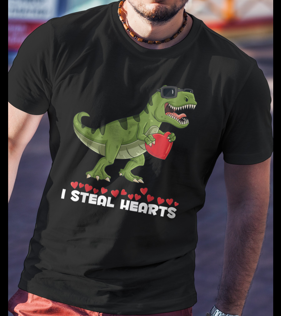 I Steal Hearts Dinosaur With Sunglasses Holding Red Heart Valentines Day T-Shirt