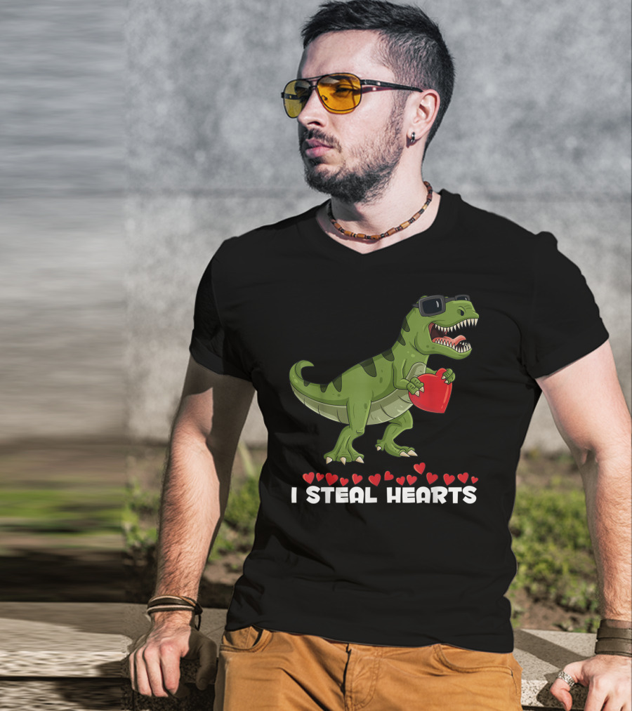 I Steal Hearts Dinosaur With Sunglasses Holding Red Heart Valentines Day T-Shirt