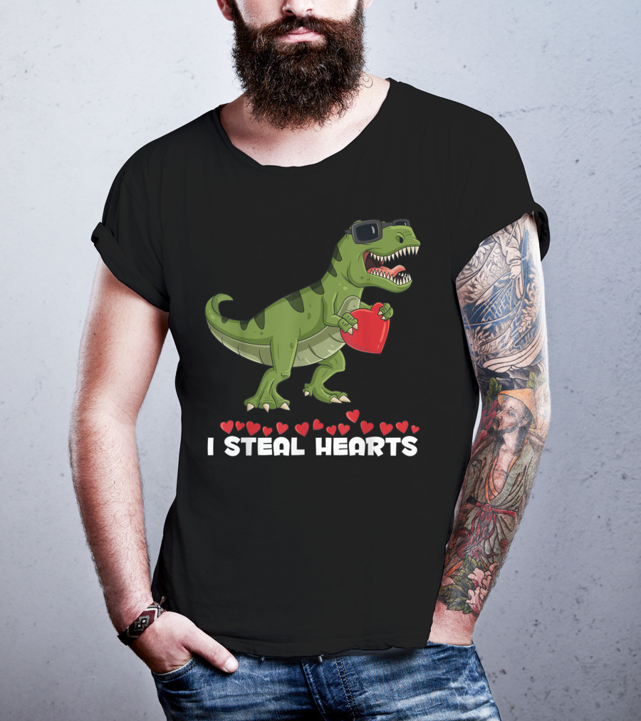 I Steal Hearts Dinosaur With Sunglasses Holding Red Heart Valentines Day T-Shirt