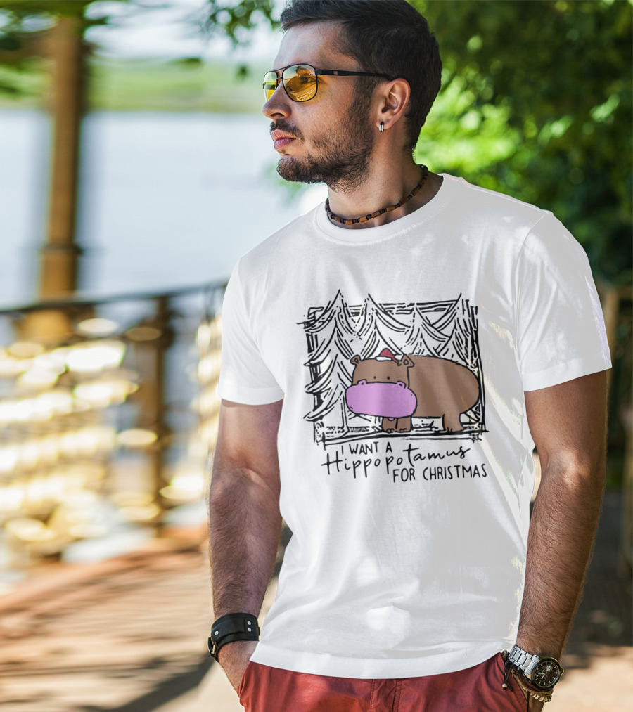 I Want A Hippopotamus For Christmas Hippo Santa Hat Festive T-Shirt