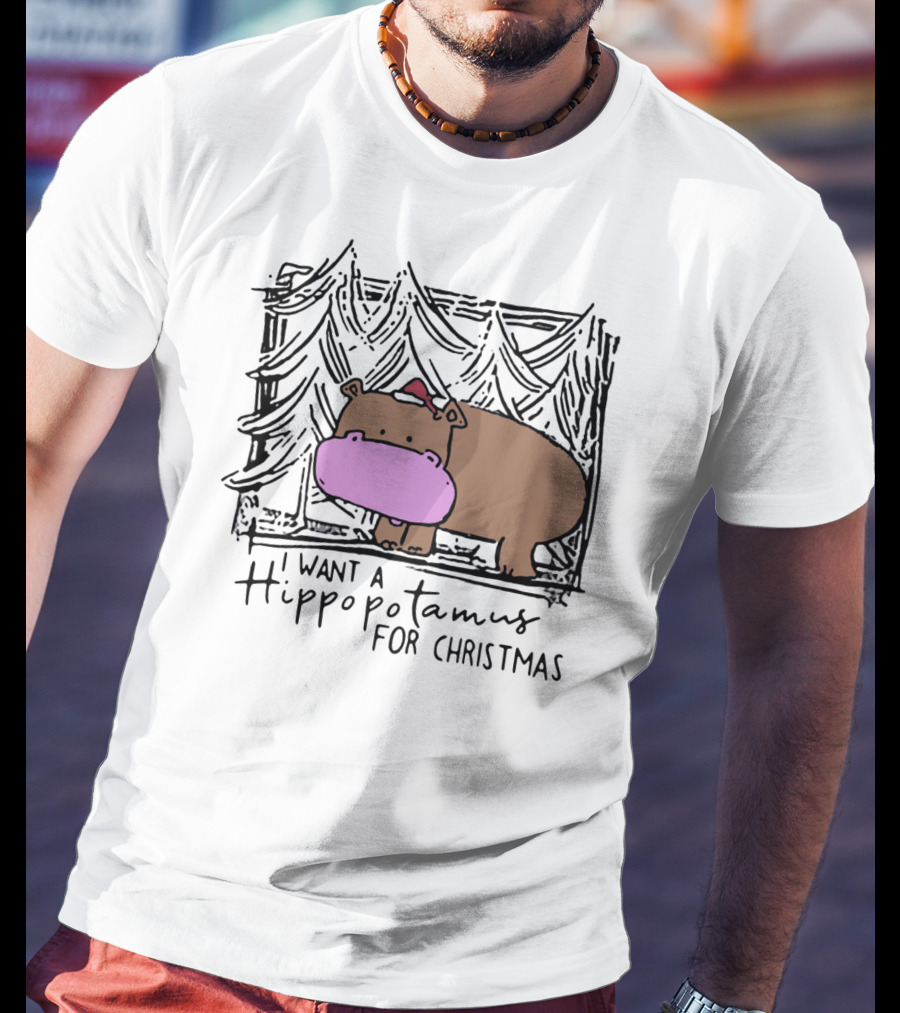 I Want A Hippopotamus For Christmas Hippo Santa Hat Festive T-Shirt