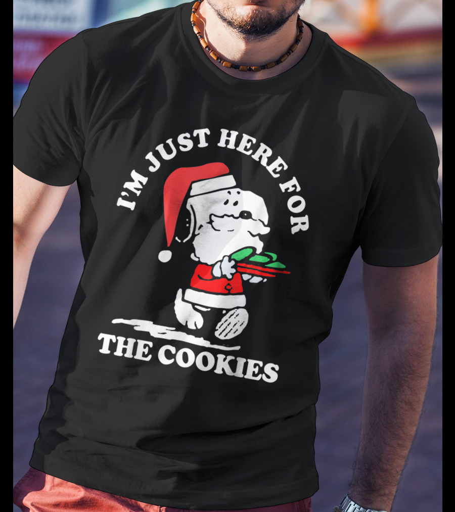 I'm Just Here For The Cookies Santa Hat Dog Carrying Christmas Cookies T-Shirt