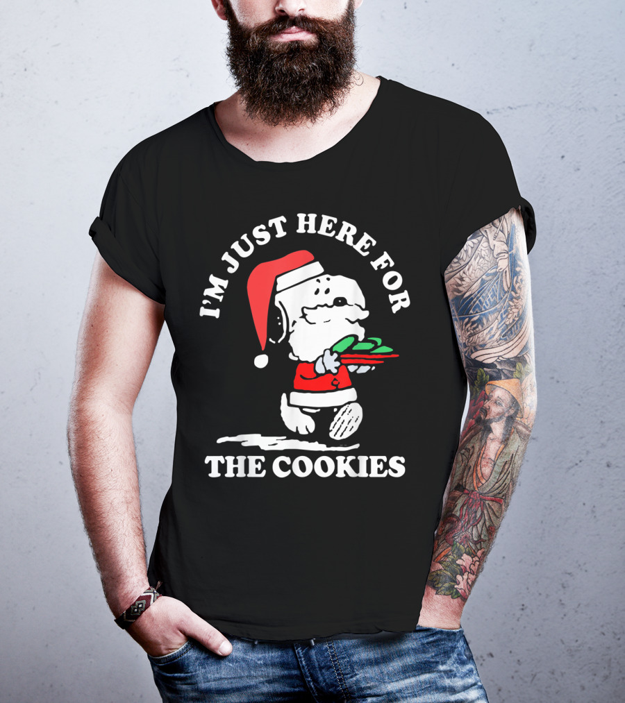 I'm Just Here For The Cookies Santa Hat Dog Carrying Christmas Cookies T-Shirt