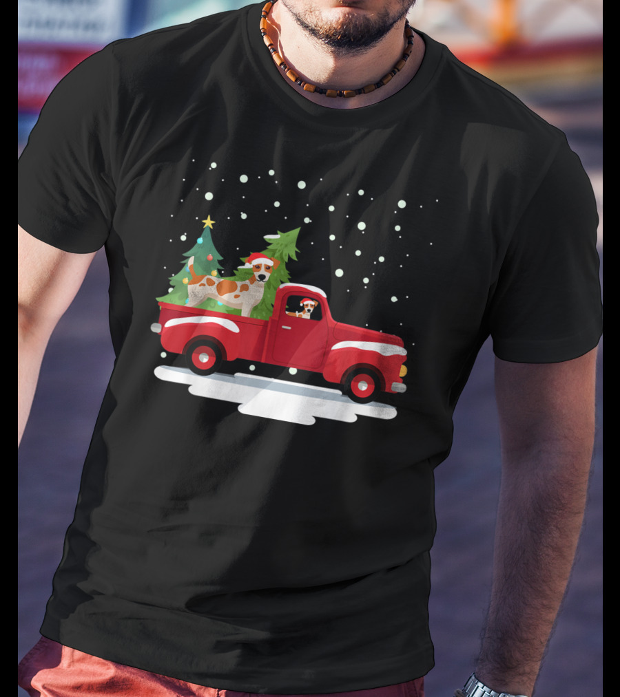 Jack Russell Terrier Santa Christmas Truck Holiday Scene Snowflakes And Trees T-Shirt