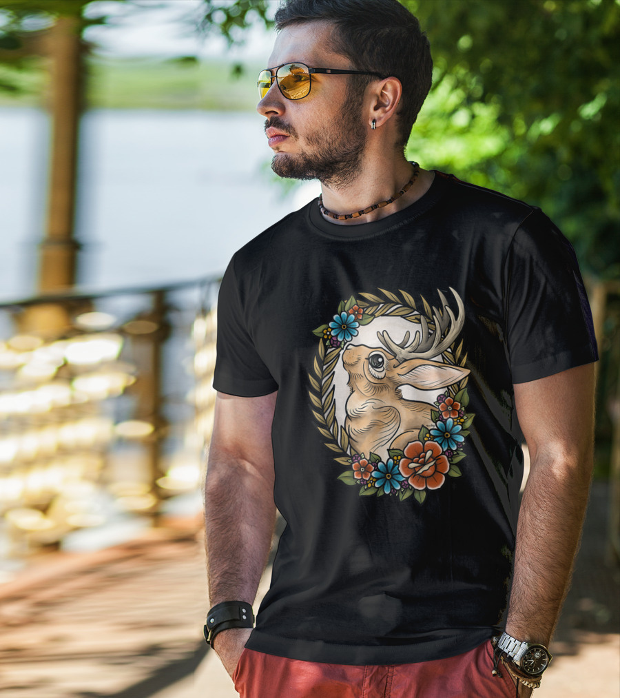 Jackalope Surrounded By Colorful Flowers And Leaves T-Shirt