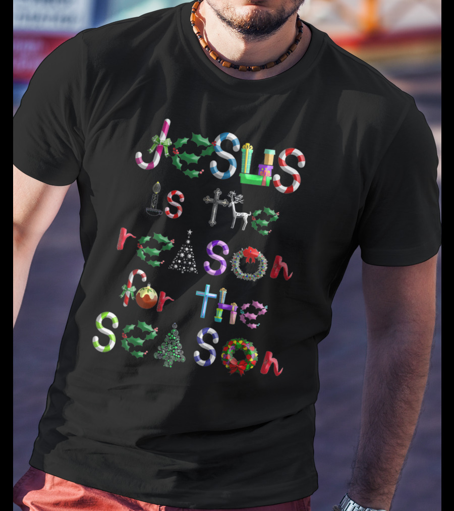 Jesus Is The Reason For The Season Christmas Symbols Candy Canes Holly Cross Reindeer Tree Bow T-Shirt