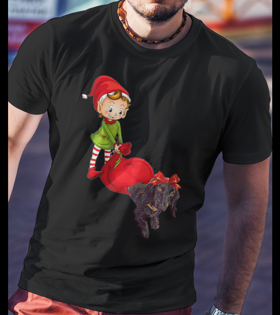 Kids Elf With Red Gift Sack And Black Dog In Santa Hat T-Shirt