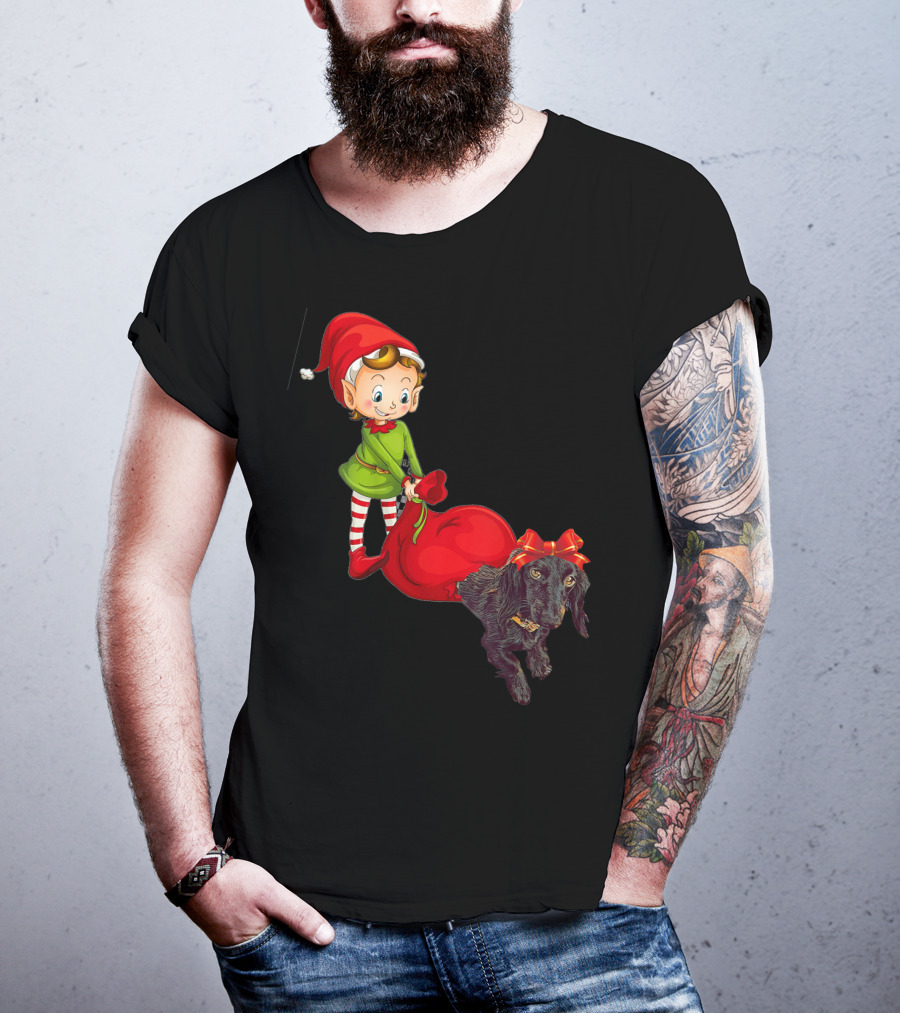 Kids Elf With Red Gift Sack And Black Dog In Santa Hat T-Shirt