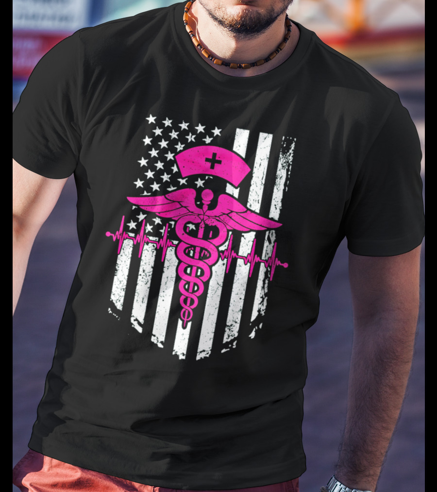 Nurse Pink Caduceus With USA Flag And Heartbeat T-Shirt