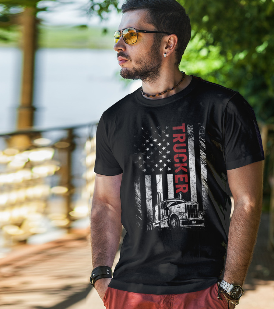 Trucker American Flag Vintage Truck Mens T-Shirt