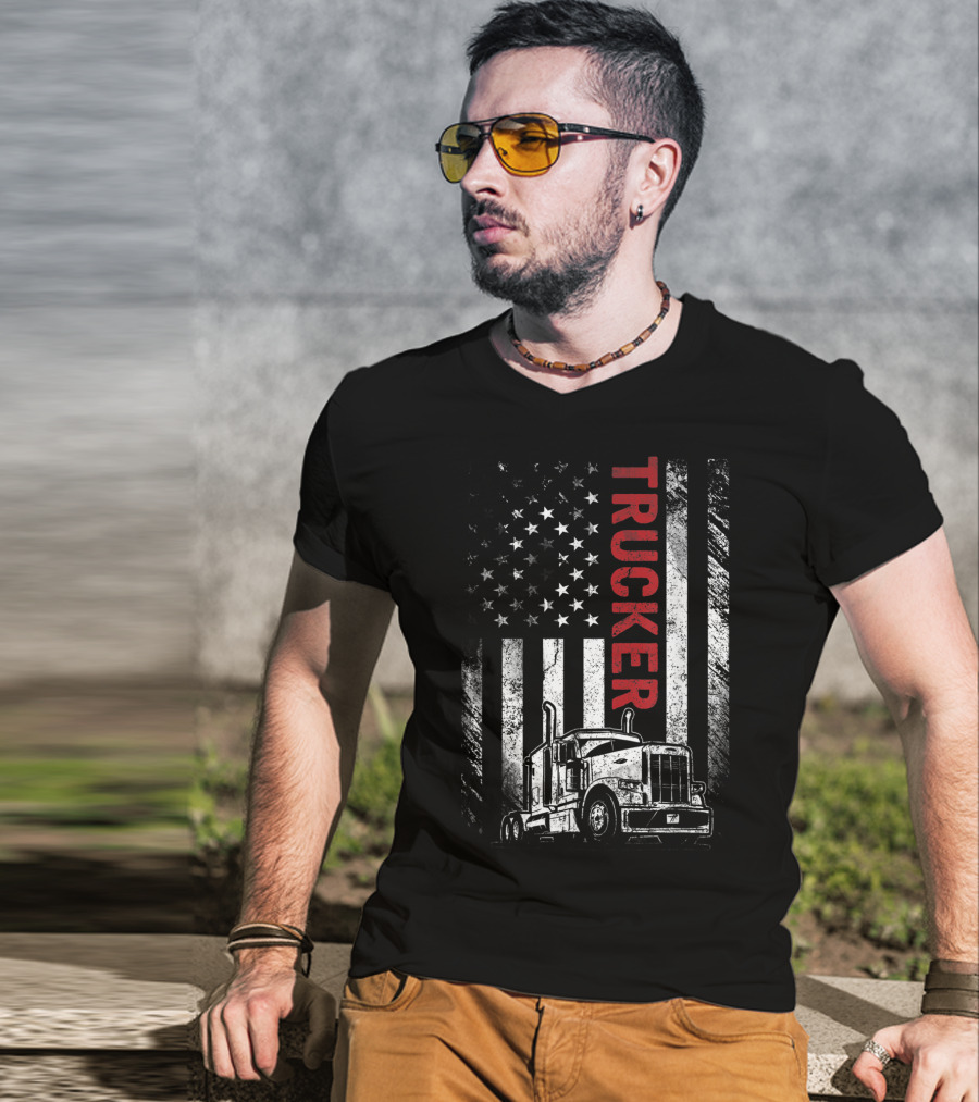 Trucker American Flag Vintage Truck Mens T-Shirt